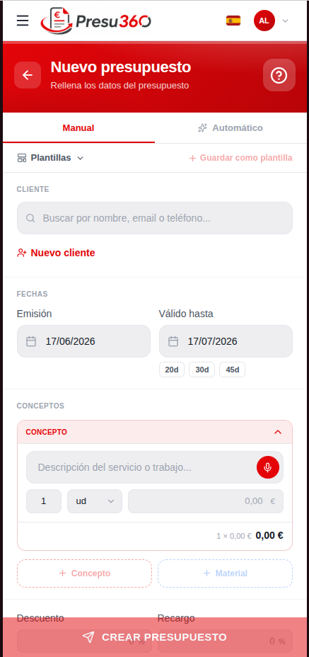 Crear presupuesto por voz en la app de Presu360