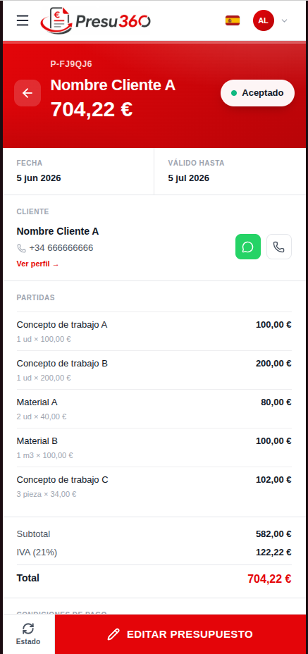 Presupuesto aceptado por el cliente con un clic