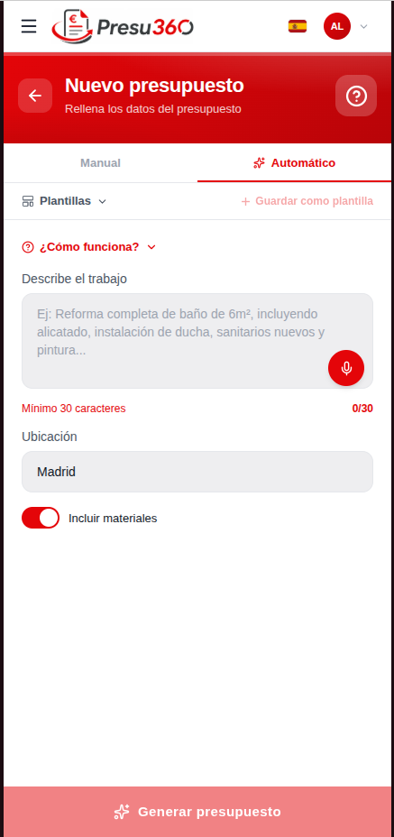 Presupuesto automático en Presu360